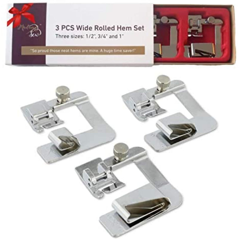 Madam Sew Rolled Hem Presser Foot Set – 3 Piece Wide Hemmer Foot Kit Includes 1/2”, 3/4" and 1” Presser Feet – Compatible with Singer, Brother, Babylock, Euro-Pro, Janome and More - NewNest Australia