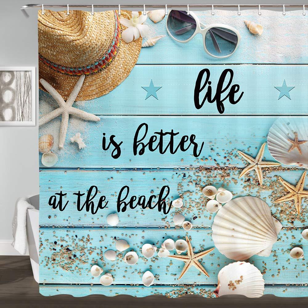 Beach Teal Rustic Shower Curtain, Life is Better at The Beach on Blue Wooden Seashell and Starfish on The Coastal Shower Curtain Set, Summer Waterproof Polyester Fabric Bathroom Curtain, 69x70inches 69"Wx70"L - NewNest Australia