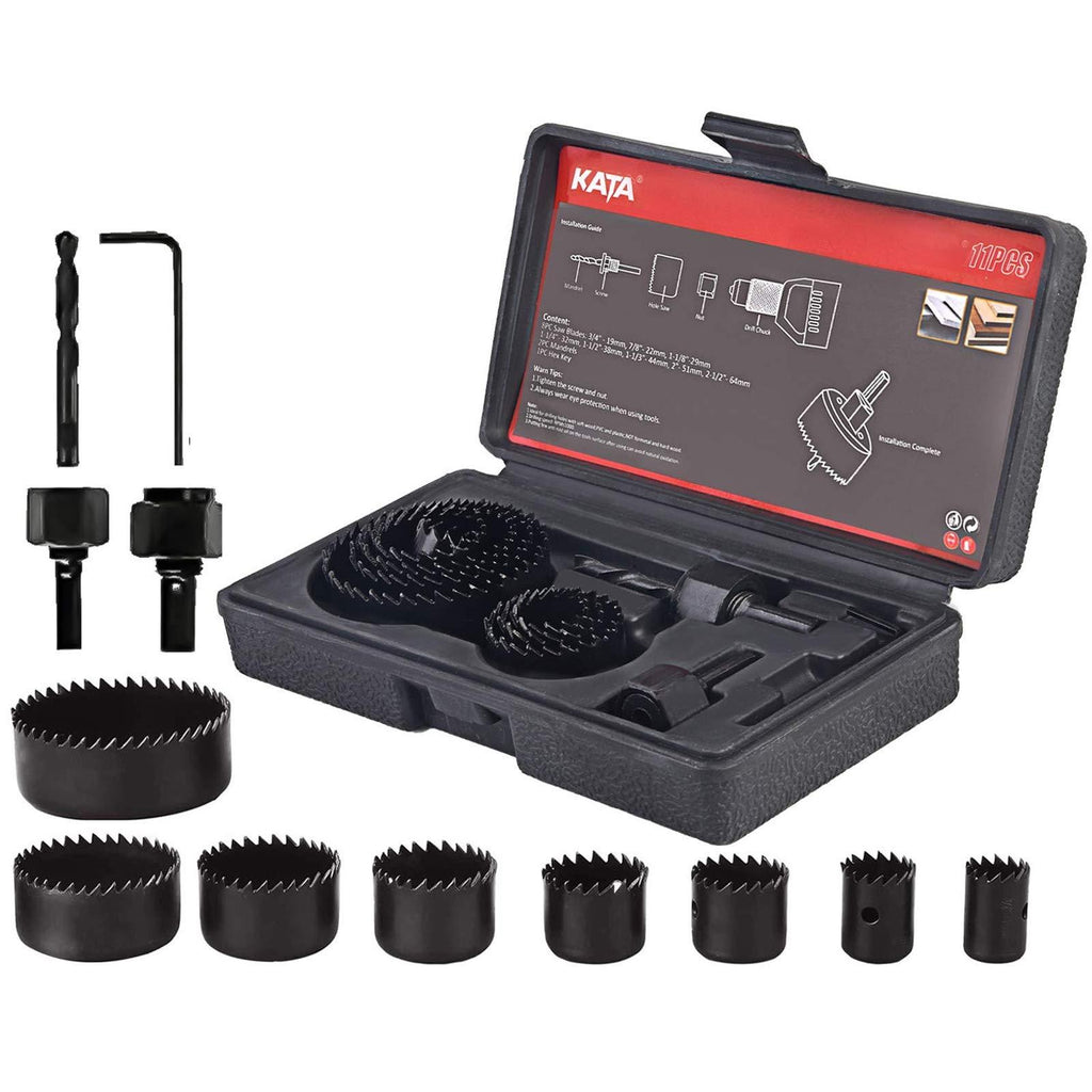 KATA 11PCS Hole Saw Kit 3/4"-2-1/2" (19-64mm) Hole Saw Set with Mandrels,Hex Key,Ideal for Soft Wood,PVC Board,Plywood,Drywall Drilling - NewNest Australia