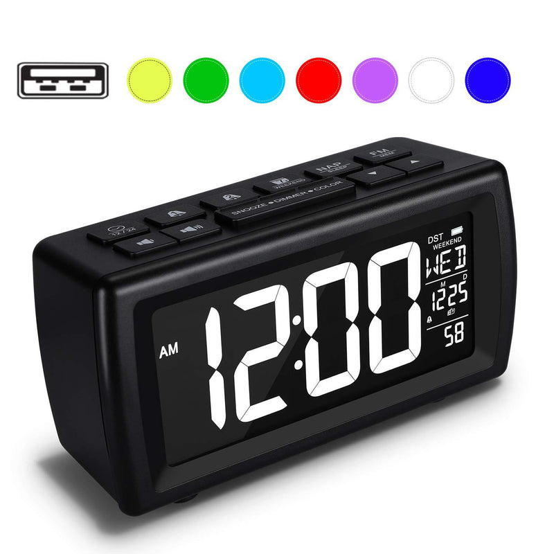 NewNest Australia - AZUTTA Digital Alarm Clock Radio with 7-Color Digit Display and Dimmer for Bedroom Travel Dorm Desk, Volume Adjustable, Snooze, Weekend, Calendar, DST, FM Sleep Timer, Nap Countdown, USB Phone Charger 