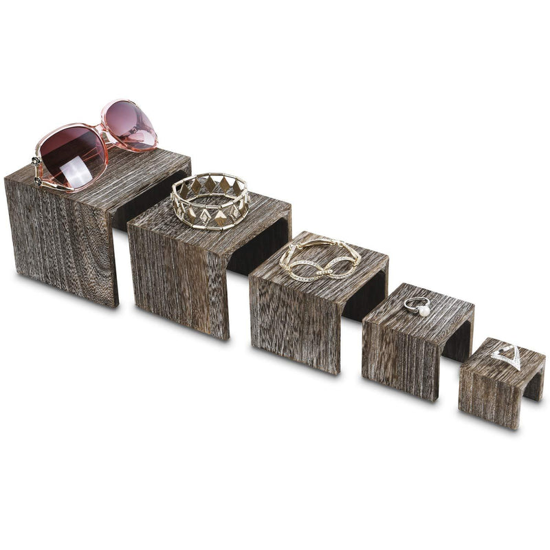 NewNest Australia - Mooca 5 Pieces Wooden Multi Functions Jewelry Display Stands, Figurine Stand Risers, Retail Display Risers, 3 7/8" H, 3 1/2" H, 2 3/4" H, 2" H, 1 1/2" H, Coffee Color 