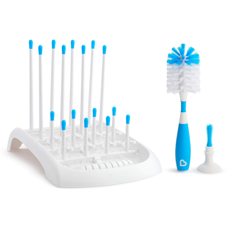 Munchkin Baby Bottle and Sippy Cup Cleaning Set, Includes Countertop Drying Rack and Bristle Bottle Brush, Blue - NewNest Australia