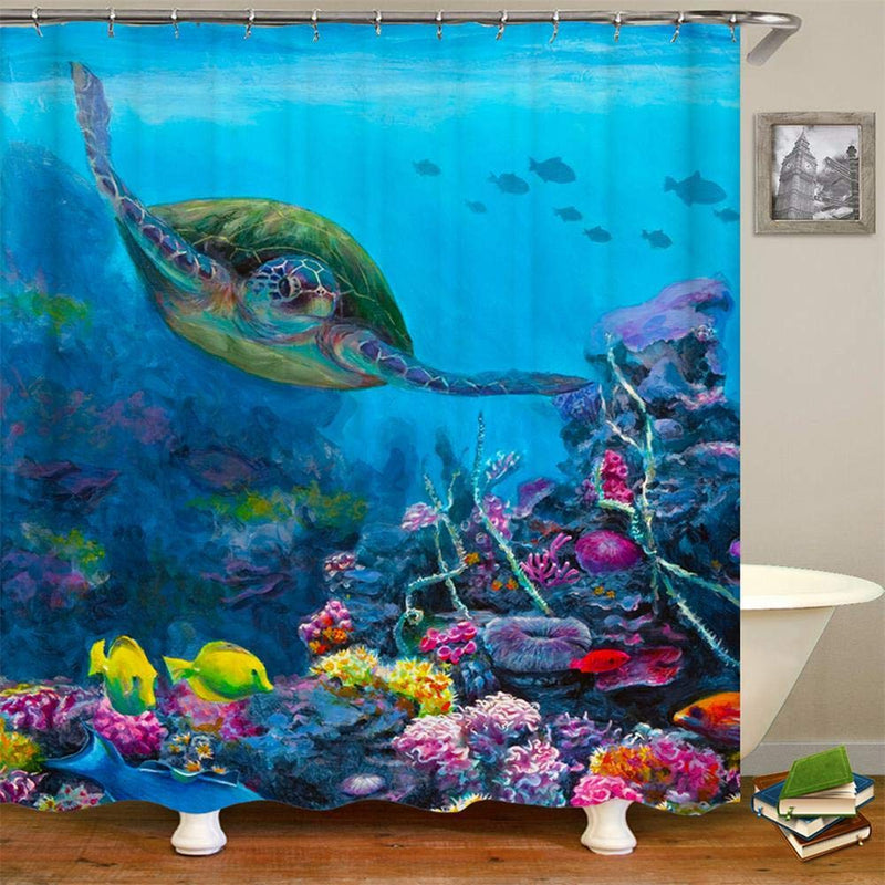 FINLI Sea Turtle Shower Curtain, Watercolor Marine Life Turtle Fishes and Coral Reef Underwater Ocean Waterproof Polyester Fabric Bathroom Bath Curtain Set with Hooks 72x72 inch Marine life - NewNest Australia