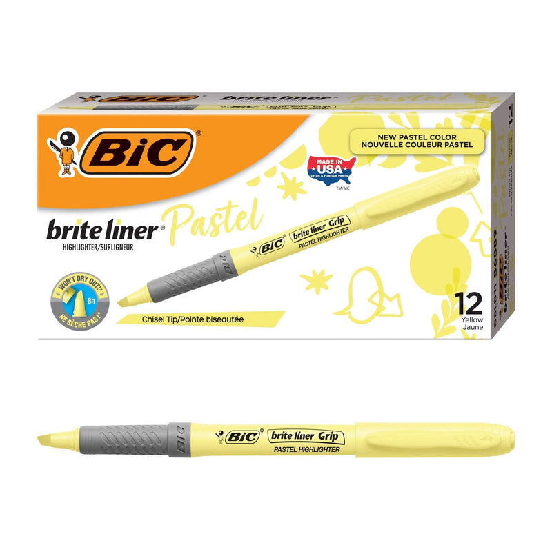 BIC Brite Liner Grip Highlighter, Chisel Tip (1.6 mm), Pastel Yellow, For Broad Highlighting & Fine Underlining, 12-Count - NewNest Australia
