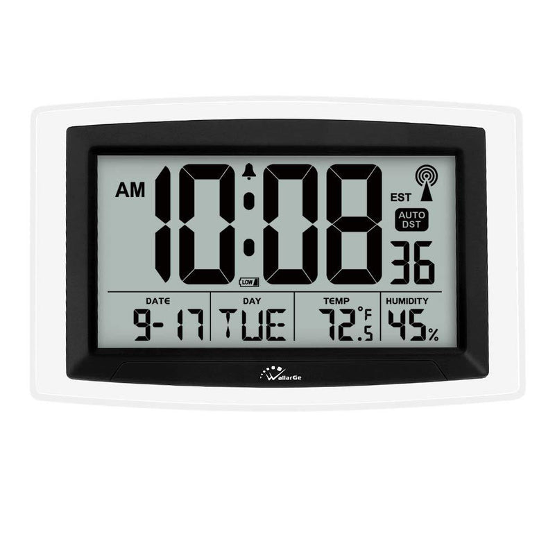 NewNest Australia - WallarGe Atomic Clock,Digital Wall Clock or Desk Clock,Battery Operated,Self-Setting Digital Alarm Days Clock Large Display for Seniors,Temperature, Humidity and Date,Easy to Read. Black 