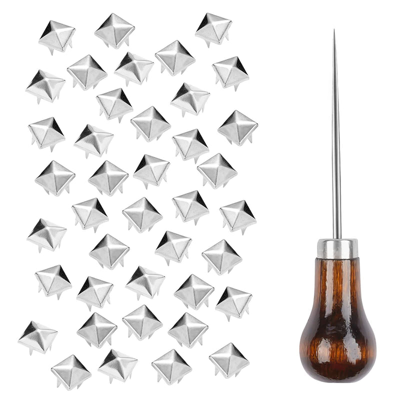 TUZAZO 500 Pieces 10 mm Square Pyramid Studs for Clothing Bag Leather Shoes Punk Rock Jewelry Craft, 4 Prong Metal Nailhead Studs Spikes Accessories with Awl (Silver) - NewNest Australia