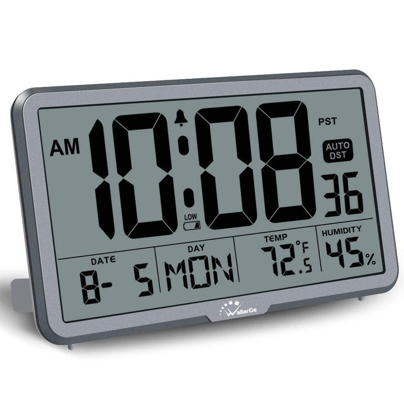 NewNest Australia - WallarGe Digital Wall Clock, Autoset Desk Clocks with Temperature, Humidity and Date, Battery Operated Digital Wall Clock Large Display, 8 Time Zone, Auto DST. (Grey) Grey 