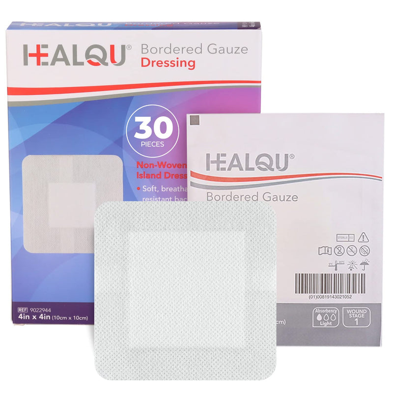 HEALQU Bordered Gauze Island Dressing - 30 Count, 4" x 4" Sterile Individually Wrapped Gauze Pads with Water-Resistant, Non-Woven Backing - Soft and Breathable Wound Dressing for First Aid and Medical 4" x 4" Box of 30 - NewNest Australia