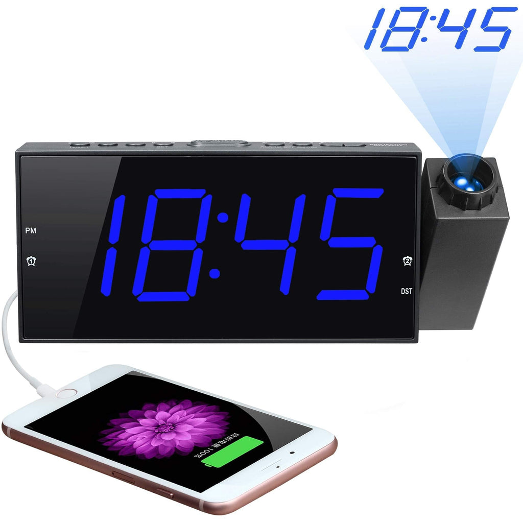 NewNest Australia - Projection Digital Alarm Clock for Bedroom, Projector Clock,Large 7” LED Display&Dimmer, USB Charger, Adjustbale Ringer,12/24H,Plug in Wall Ceiling Clock,Loud Dual Alarms for Heavy Sleeper Kid Elderly 