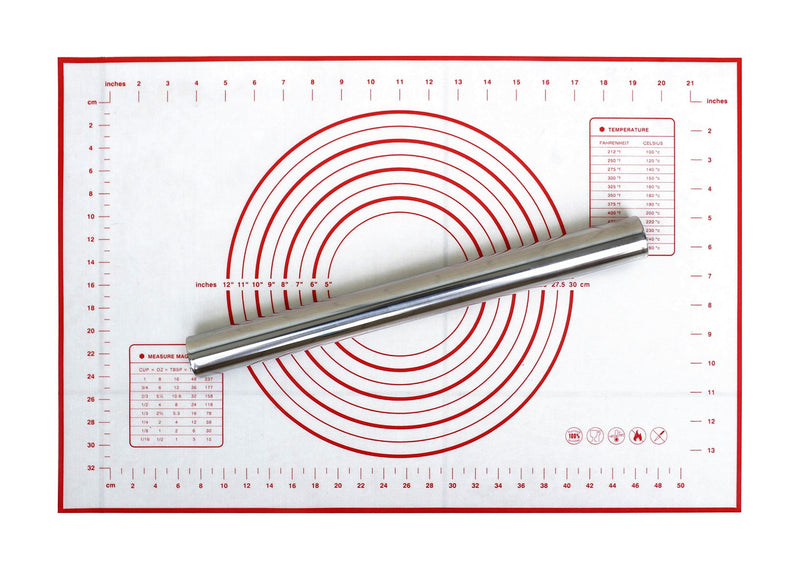 NewNest Australia - Checkered Chef Rolling Pin and Mat - Stainless Steel Rolling Pin With Silicone Non Slip/Non Stick Pastry Mat With Measurements - Perfect For Rolling Bread Dough, Pizza, Cookies and Pie Rolling Pin & Mat 
