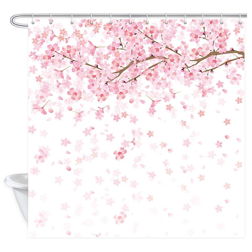 JAWO Floral Shower Curtain, Spring Cherry Blossom with Falling Petals, Polyester Fabric Bath Curtains Set with Hooks 69W X 70L Inches - NewNest Australia