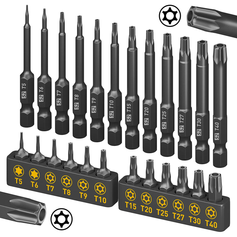 Torx Bit Set, Amartisan 24-Piece Security Torx Bit Set, Tamper Resistant Star Bits Set S2 Steel, 1" and 2.3" Long T5 - T40 - NewNest Australia