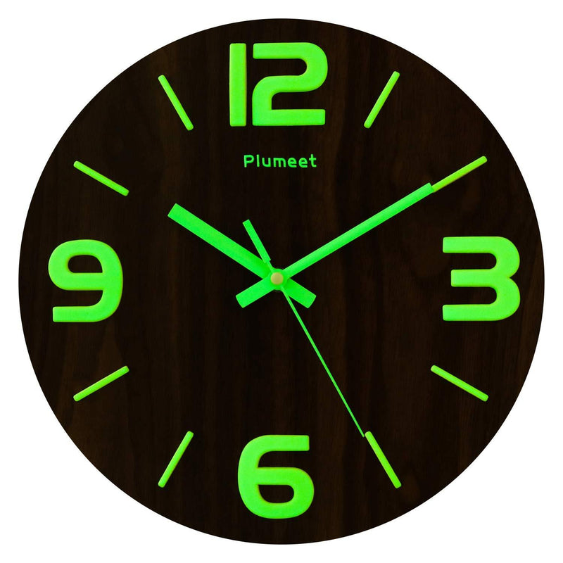 NewNest Australia - Plumeet Luminous Wall Clocks - 12'' Non-Ticking Silent Wooden Clock with Night Light - Large 3D Numbers Decorative Wall Clock for Kitchen Office Bedroom (Wood) 3d-green 