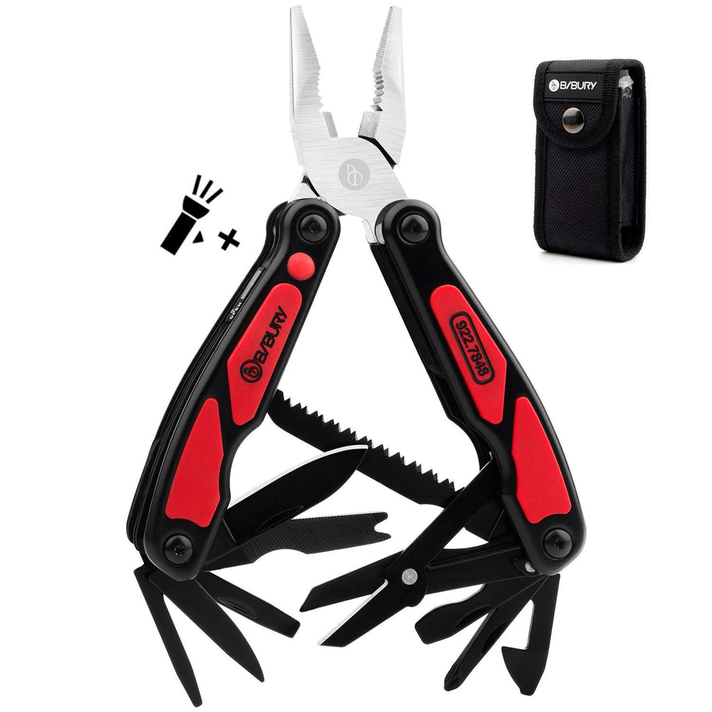 Multitool Pliers, BIBURY 14 in 1 Multi-Tool with Flashlight, Scissors and Knife, 420 Stainless Steel Pocket Multitfunctional Tool for Camping, Survival and Outdoor Activities, Gifts for Men Dad Red - NewNest Australia