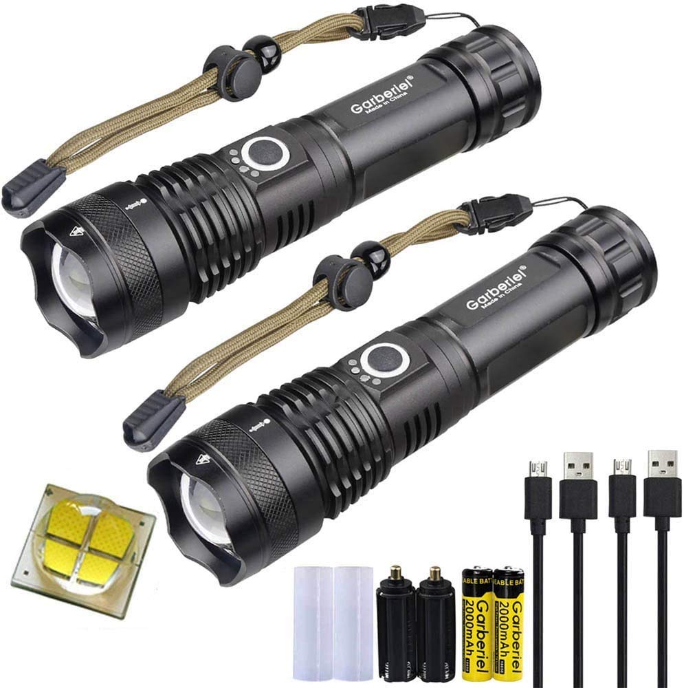 2 Pack LED Rechargeable XHP70 Flashlight 5000 High Lumens Super Bright Waterproof Tactical 5 Modes Zoomable Handheld Torch Light with 18650 Battery and USB Cable for Camping Outdoor Emergency - NewNest Australia