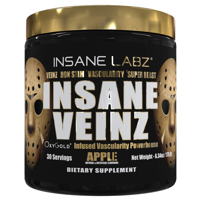 Insane Labz Insane Veinz Gold, Nitric Oxide Non Stimulant pre Workout Powder, Loaded with Hydromax, Nitrosigine, Increases Vascularity and Blood Flow, 30 Srvgs, Apple - NewNest Australia