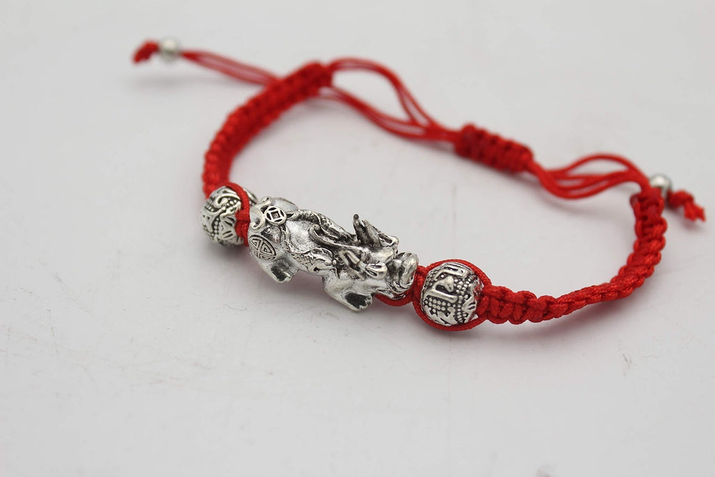 NewNest Australia - Chinese Feng Shui Protection Metal Silver Dragon Pi Xiu Pi Yao Lucky Red Adjustable String Bracelet 