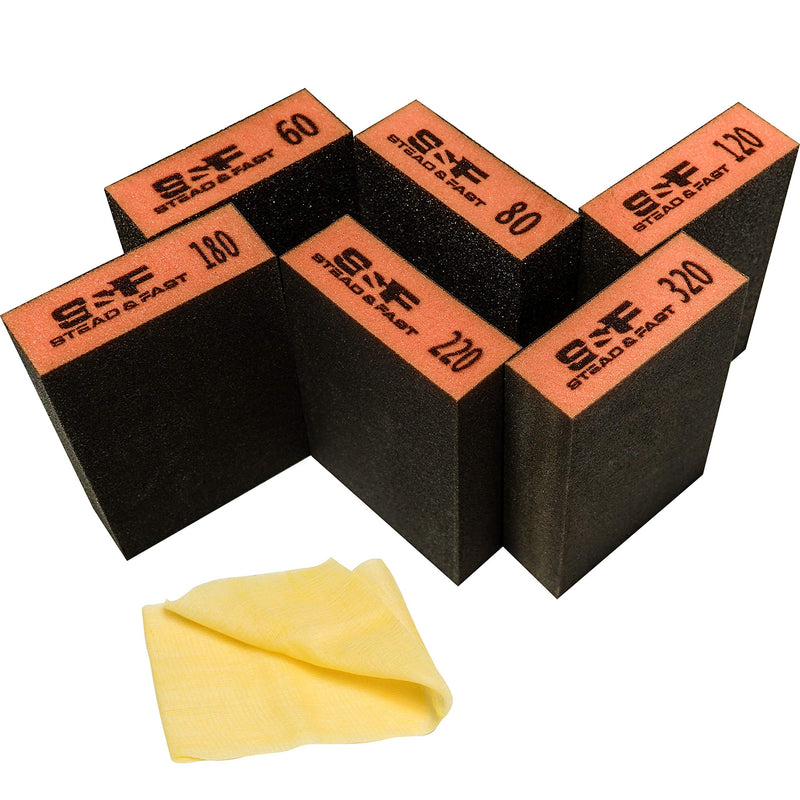 S&F STEAD & FAST Sanding Sponge - Wet Dry Sanding, 60 80 120 180 220 320 Sanding Block Coarse Medium Fine Grit, Fine Sandpaper 6 Pcs for Metal Wood, Drywall Sandpaper Assortment with Tack Cloth Bundle - NewNest Australia