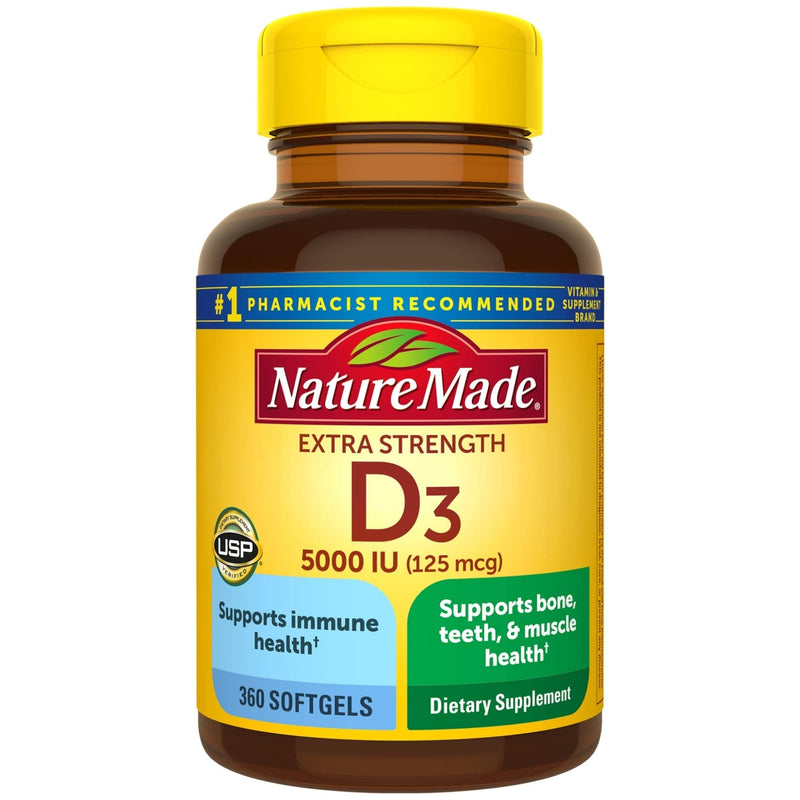 Nature Made Extra Strength Vitamin D3 5000 IU (125 mcg), Dietary Supplement for Immune Support, 360 Softgels, 360 Day Supply - NewNest Australia