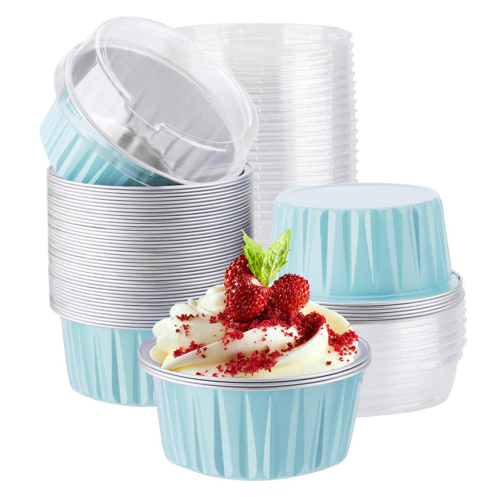 NewNest Australia - Aluminum Cups with Lids, Eusoar 50pcs 5oz 125ml Aluminum Foil Muffin Liners Cups with Lids, Aluminum Cupcake liners, Disposable Foil Ramekins Pans, Cupcake Baking Cups, Aluminum Foil Cupcake Holders Tiffany Blue 