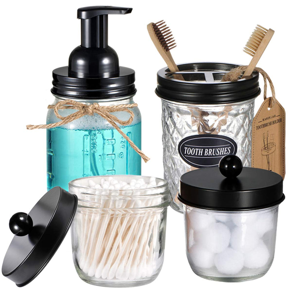 Mason Jar Bathroom Accessories Set(4 Pack) - Foaming Soap Dispenser&Qtip Holder Set&Toothbrush Holder-Rustic Farmhouse Decor Bathroom Organizer Apothecary Jar Country Countertop (Black) Black - NewNest Australia