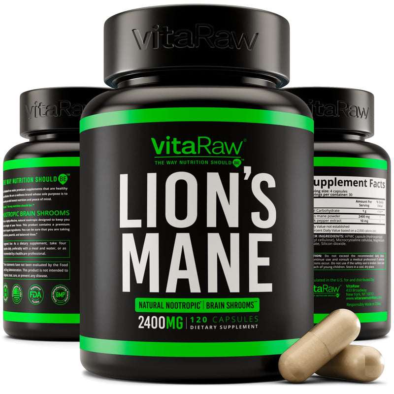 Organic Lions Mane Mushroom Capsules - (2400mg - Powerful Nootropic) Brain Booster Memory & Energy Pills | Nootropics Brain Support Supplement for Focus & Clarity | Pure Lion's Mane Mushroom Extract - NewNest Australia