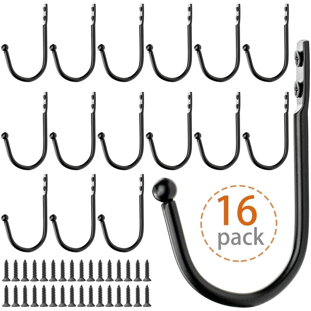 NewNest Australia - iLoft Black Single Hooks Wall Mount Small Wrought Iron Hook Utility Decorative Towels Hat Coat Keys Hanger for The Entryway, Bathroom, Bedroom, Kitchen, Mudroom Metal J Hook, 16pcs with 32 Screws, 3.4 3.38 inch - 16pack 