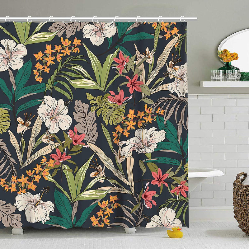 Windkisscurtain Shower Curtains with 12 Hooks, Floral Shower Curtains Set for Bathroom, Waterproof Bathroom Shower Curtain, 72" X 72", Floral and Leaves 72*72'' - NewNest Australia