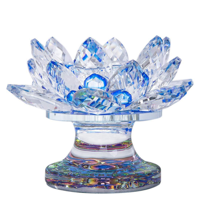 NewNest Australia - H&D HYALINE & DORA Blue Crystal Lotus Flower Candle Holder Crystal Tealight Candle Holder,4.3Inch 4.3in Blue Crystal Lotus Candle Holder 