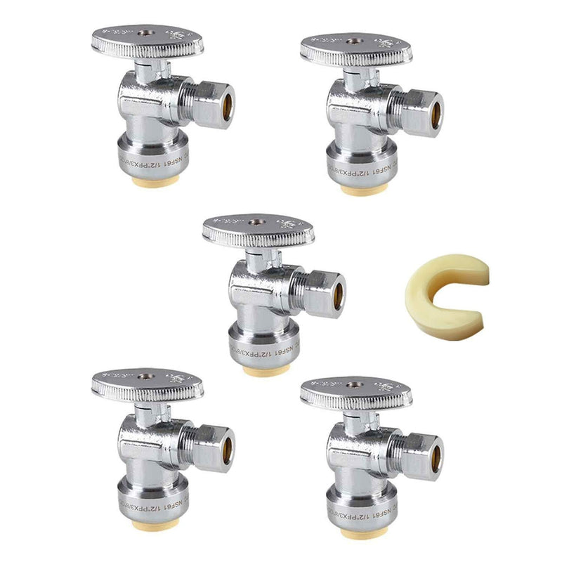 (Pack of 5) EFIELD Push Fit 1/4 Turn Angle Stop Valve Water Shut Off 1/2 Push x 3/8 Inch Compression With Dismount Clip Tool-5 Pieces - NewNest Australia