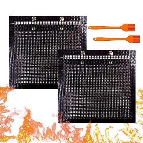 NewNest Australia - YBB 2 Pcs BBQ Grill Mesh Bag with 2 Pcs Silicone Brush, Non-Stick Large BBQ Baked Grilling PTFE Bag Heat-Resistant Reusable Easy to Clean Mesh Backing Bag for Outdoor Picnic Cooking Barbecue 2pcs L 