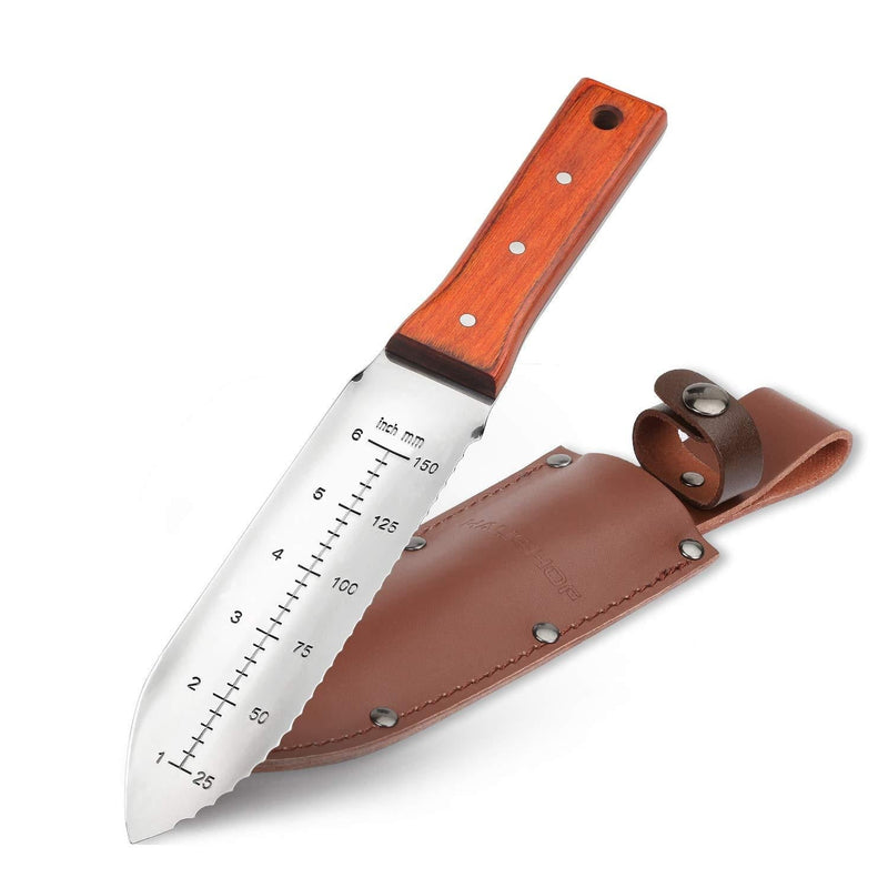 HAUSHOF Hori Hori Garden Knife, Weeding & Digging Tool, 7” Blade, Full Tang, Wood Handle Gardening Knife with Leather Sheath - NewNest Australia