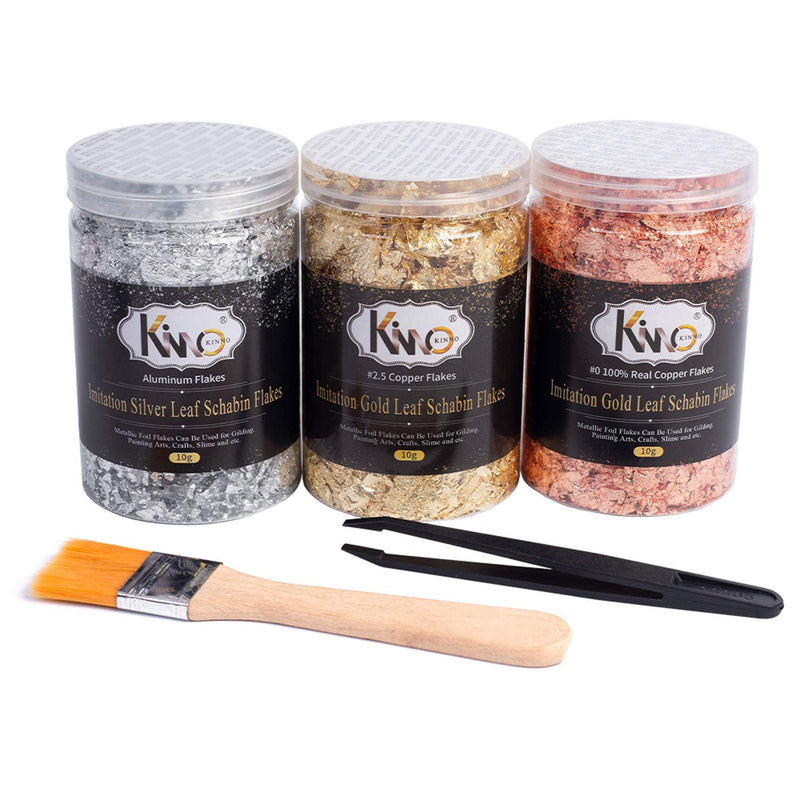 KINNO Gold Leaf Flakes Set with Tweezers and Brush - Color 2.5 Imitation Gold, Silver, Color 0 Real Copper, 3 Bottles Metallic Foil Flakes for Painting Arts and Crafts,Nail Art 30g+Brush - NewNest Australia