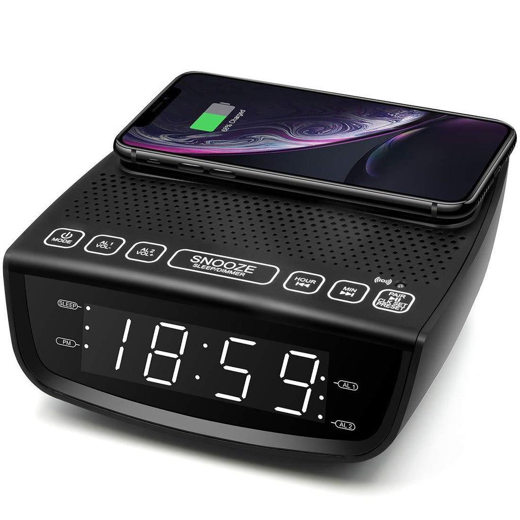 NewNest Australia - dpnao Alarm Clock FM Radio with Wireless Charging, USB Charging Port, Bluetooth Speaker, Dual Alarm, 3-Level Dimmer, Sleep Timer, Snooze for Home Bedroom Bedside 