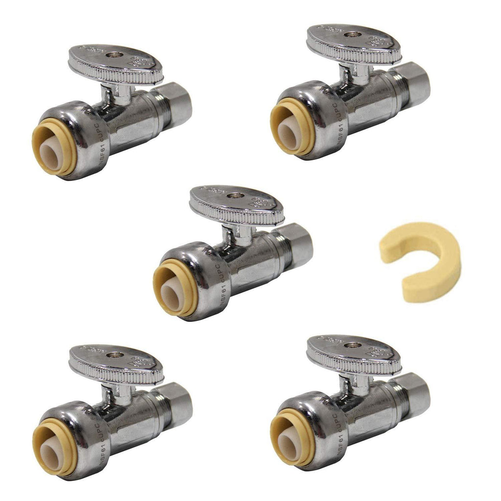 (Pack of 5) EFIELD Push Fit 1/4 Turn Straight Stop Valve Water Shut Off 1/2 Push x 3/8 Inch Compression With Dismount Clip Tool-5 Pieces - NewNest Australia