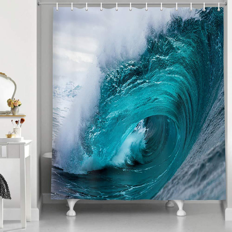 NYMB Aqua Ocean Seawater Shower Curtain, Polyester Fabric Nautical Summer Tropical Surfing Wave on a Blue White Windy Sea Bathroom Decorations, Dark Teal Bath Curtains Hooks Included, 69X70in - NewNest Australia