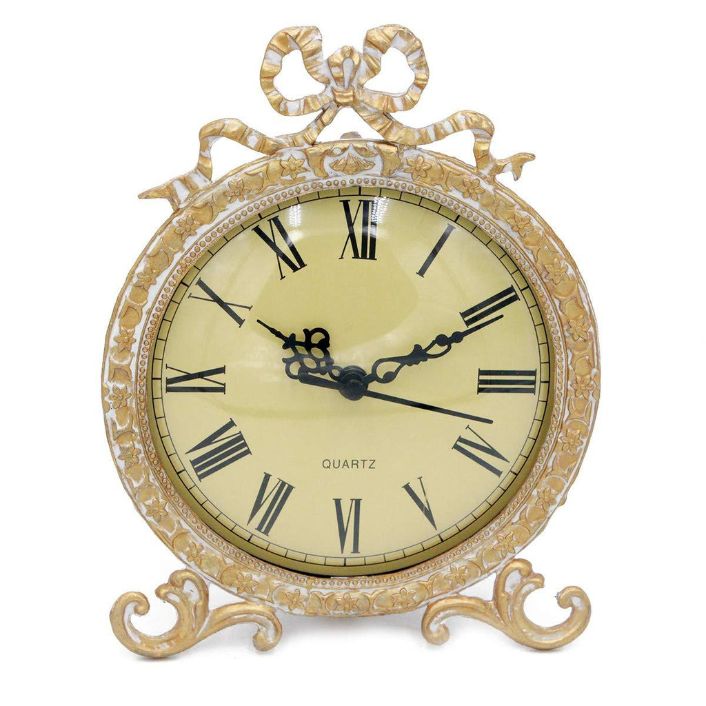 NewNest Australia - Funly mee Vintage Pewter Table Clock with Antique Golden Bow（Plexiglass Shell） 