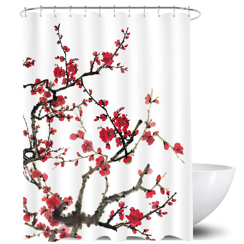 Homewelle Cherry Blossom Floral Shower Curtain Plum Red Flower Japanese Branch Waterproof 60Wx72L Inch Aesthetic Ink Scenery Asian 12 Pack Plastic Shower Hooks Polyester Fabric Bathroom Bathtub - NewNest Australia