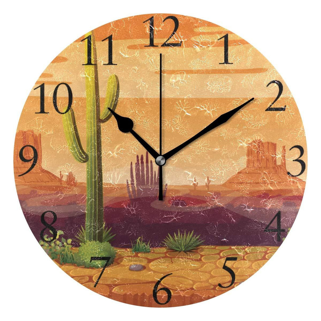 NewNest Australia - susiyo Desert Cactus at Sunset Wall Clock 9.8 Inch Silent Round Wall Clock Battery Operated Non Ticking Creative Decorative Clock for Kids Living Room Bedroom Office Kitchen Home Decor 