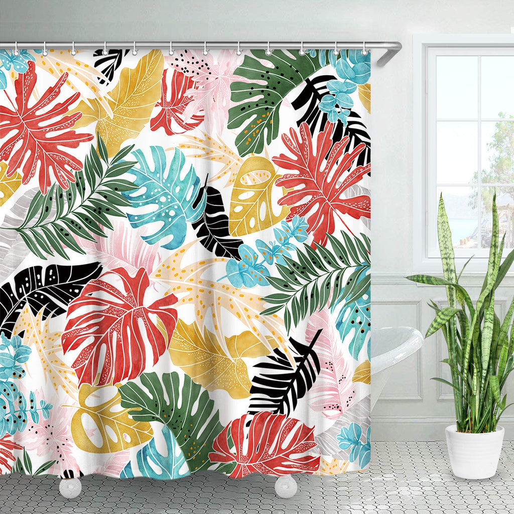 LIVILAN Colorful Monstera Leaf Shower Curtain Botanical Palm Hand Drawn Style Modern Red Yellow Blue Bathroom Curtain with Hooks Waterproof Fabric Shower Curtain 72 Inches Green 72x72 - NewNest Australia