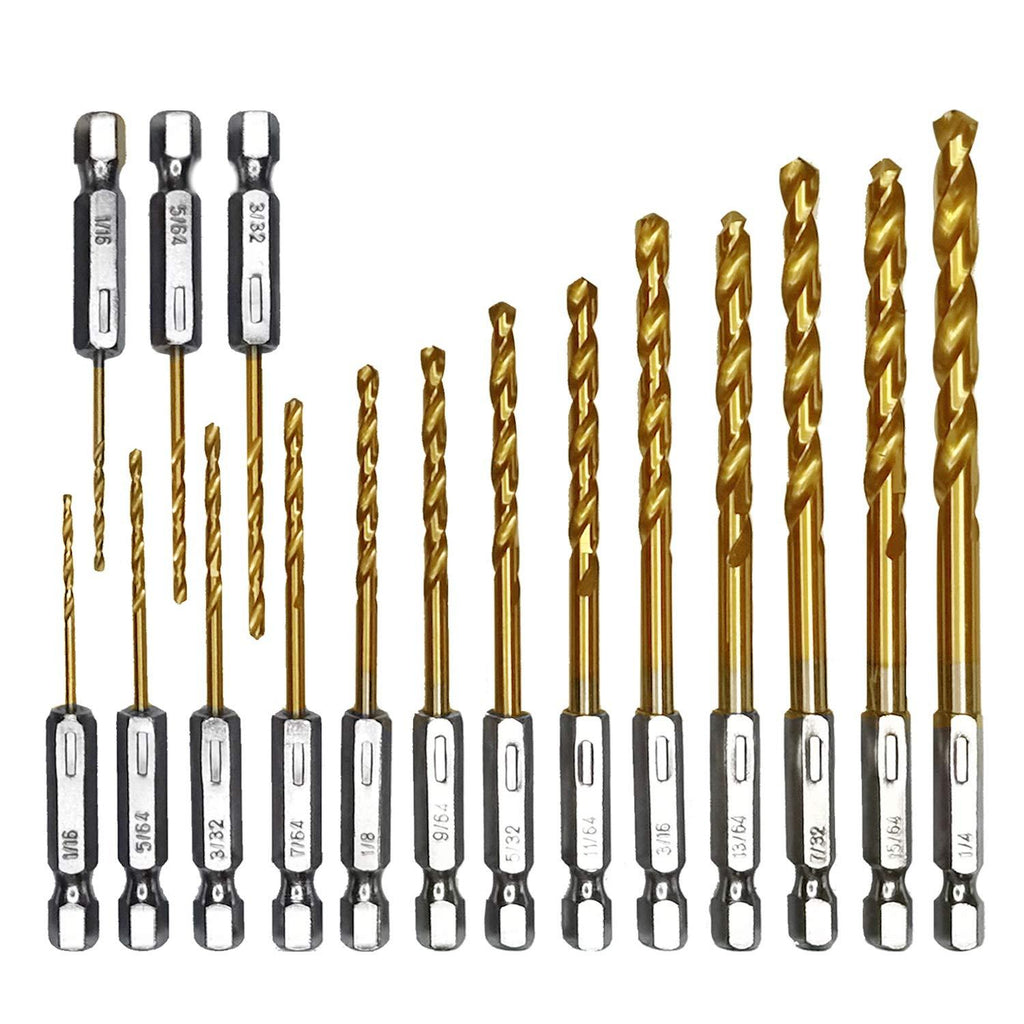 amoolo Hex Shank Drill Bit Set (13Pcs Set+3 Pcs Free), Premium 4341 HSS Titanium Impact Hex Drill Bits for Wood, Steel, Metal, Plastic, Quick Change Design (1/16”-1/4”) 1/16" - 1/4"(13+3 Pcs) - NewNest Australia