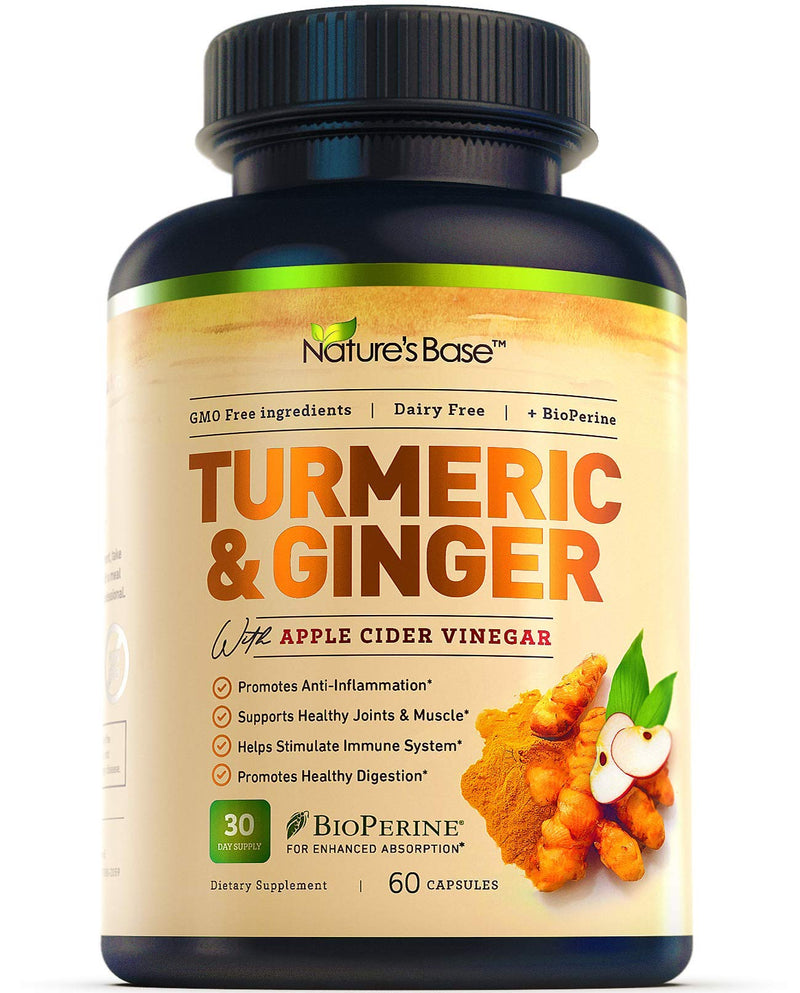 Turmeric Curcumin Supplement with Ginger & Apple Cider Vinegar, BioPerine Black Pepper, Tumeric & Ginger, 95% Curcuminoids & Joint Supplement, Antioxidant Tumeric Supplements Capsules, Nature's Base 60 Count (Pack of 1) - NewNest Australia
