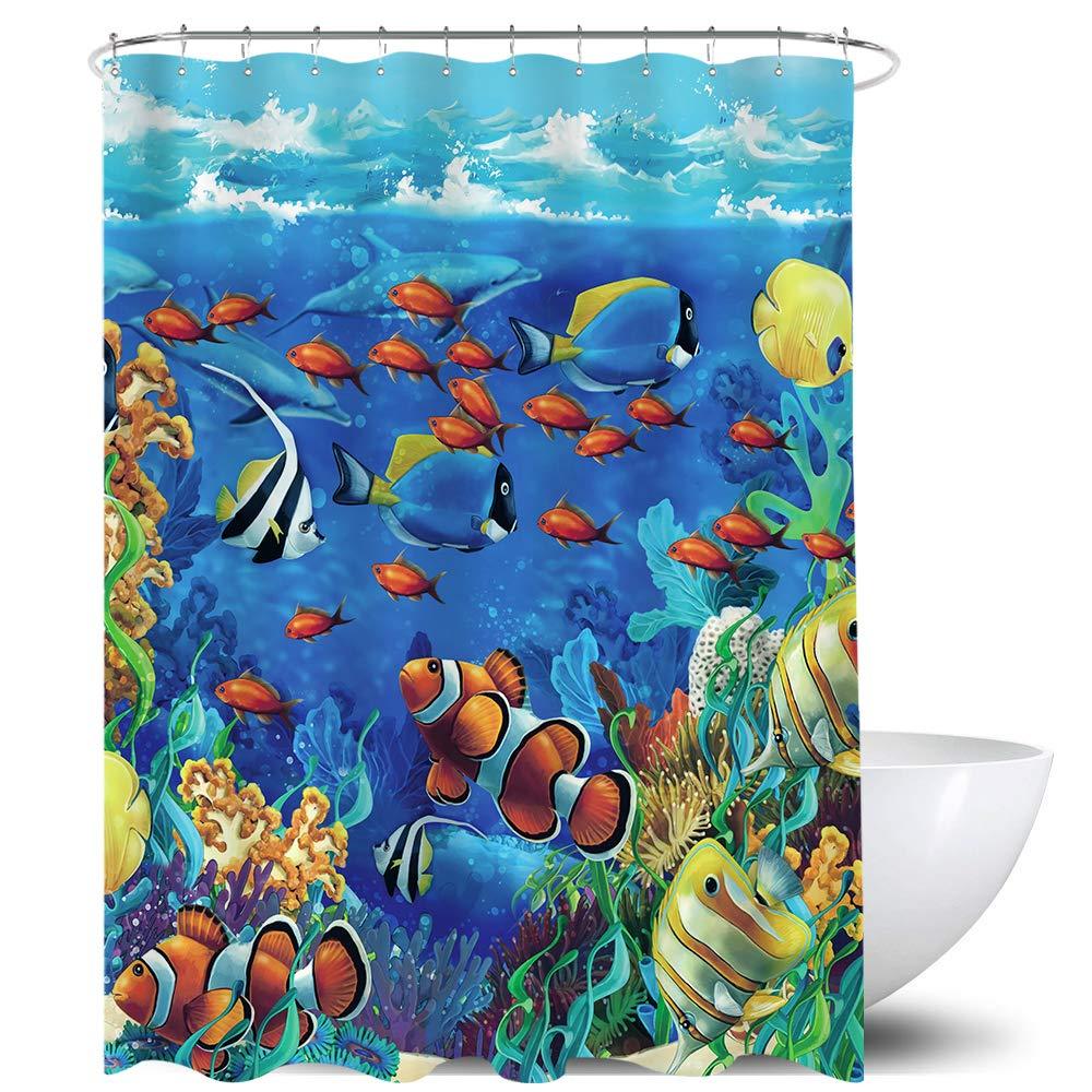 Homewelle Fish Under The Sea Shower Curtain Colorful Ocean World Coral Blue Waterproof 72Wx72L Clownfish Animal 12 Pack Plastic Shower Hooks Polyester Fabric Bathroom Bathtub - NewNest Australia