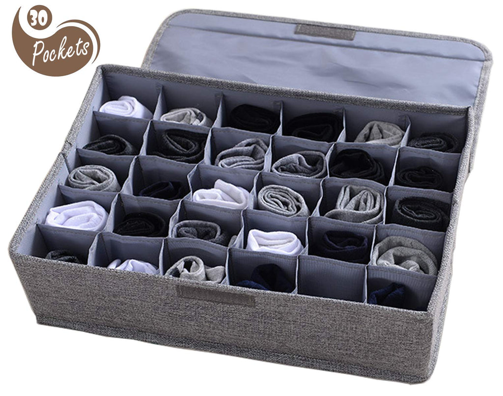 NewNest Australia - Underwear Socks Storage Organizer with Lids Foldable Closet Drawer Divider 30 Cells, Linen Cotton Storage Box Bin for Socks Underwear Ties Scarves and Lingerie in Wardrobe by AARainbow (Gray) Gray 