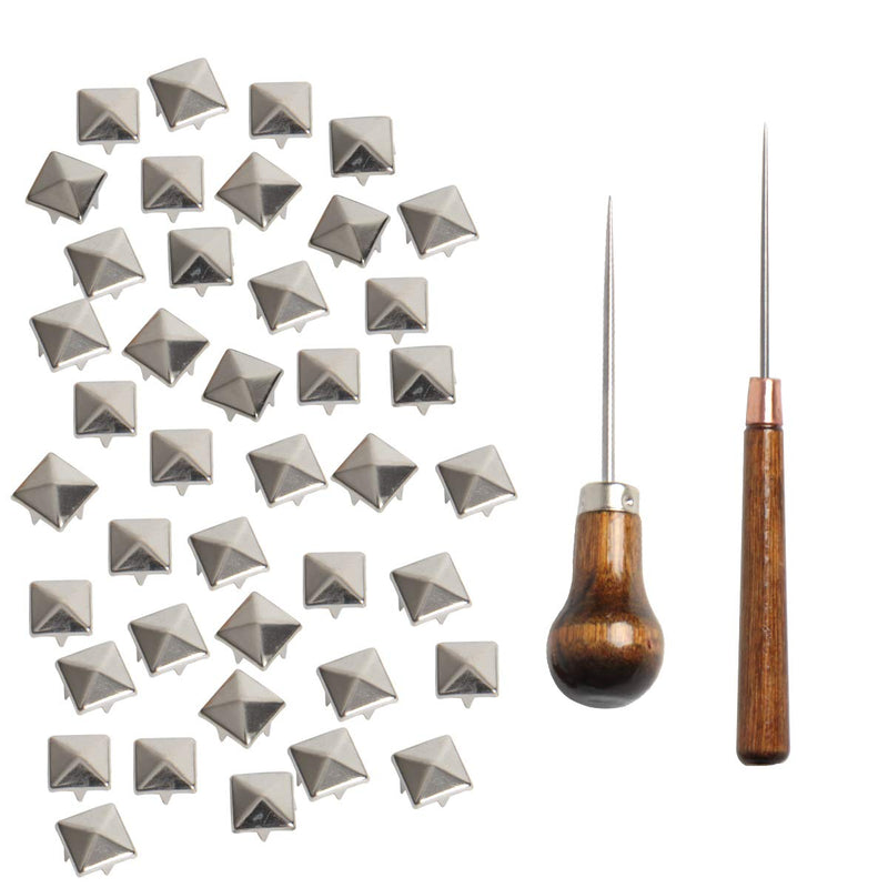 SBYURE 500 Pieces 10mm Four-Jaw Square Rivets Silver Metal Pyramid Studs Handicraft DIY Punk Spikes Spots Studs Accessories with 2 Pack Straight Tipped Scratch Awl Craft Tool - NewNest Australia