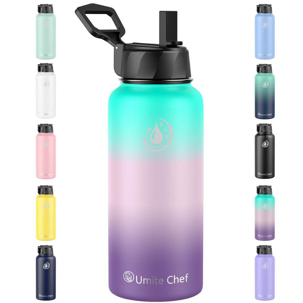 NewNest Australia - Umite Chef Water Bottle, Vacuum Insulated Wide Mouth Stainless-Steel Sports Water Bottle with New Wide Handle Straw Lid,Hot Cold, Double Walled Thermo Mug Hydrangea 18 oz 