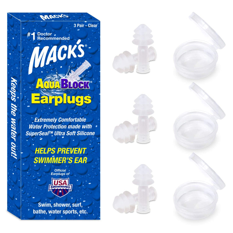 Mack's AquaBlock Swimming Earplugs, 3 Pair - Comfortable, Waterproof, Reusable Silicone Ear Plugs for Swimming, Snorkeling, Showering, Surfing and Bathing (Clear) Clear - NewNest Australia