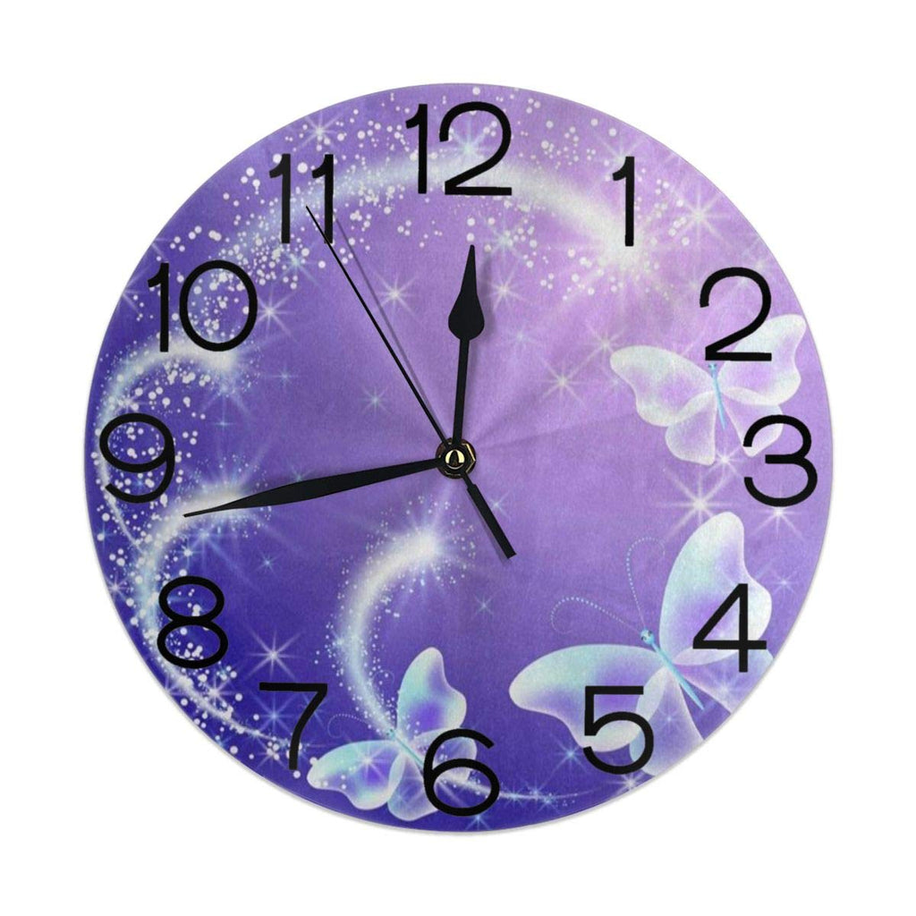 NewNest Australia - Round Wall Clock Purple Butterfly with Glowing Firework and Sparkle Star Silent Non Ticking Decorative Clocks Quartz Quiet Desk Clock for Home 