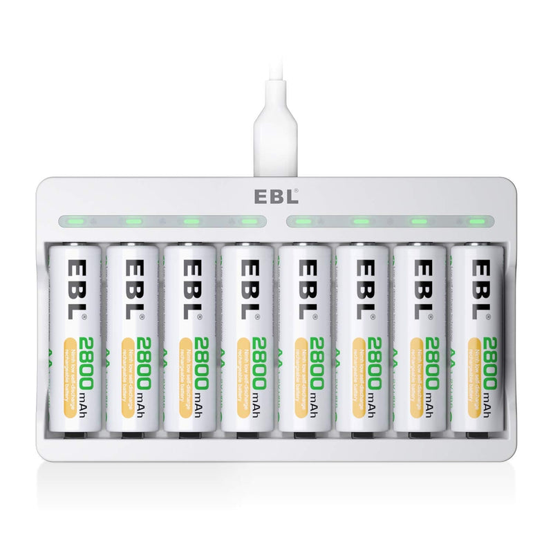 EBL Rechargeable AA Batteries 2800mAh 8 Pack and 8-Bay AA AAA Individual Rechargeable Battery Charger with 5V 2A USB Fast Charging Function 8 AA+C9010N - NewNest Australia