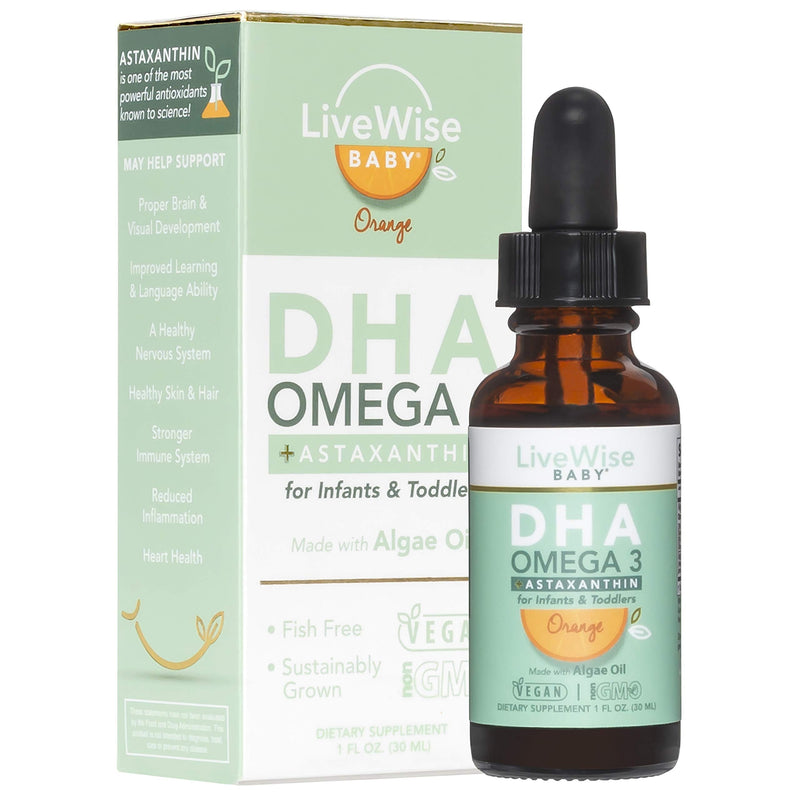 DHA Omega 3 Liquid Drops - Baby Vitamin DHA Omega 3 for Infants Plus Astaxanthin - Vegan Friendly, Great Tasting - Omega 3 Supplement w/Organic Orange Oil Develops Healthy Brain, Eyes, Immune System - NewNest Australia